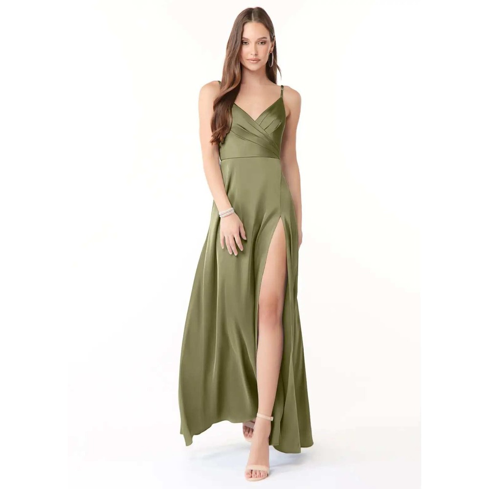 Azazie Dalilah Pistachio A-Line V-Neck Pleated Stretch‎ Satin Dress A12